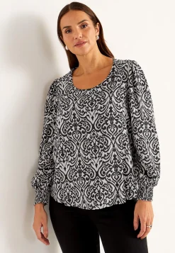 Cellbes of Sweden Blus med smock i ärmsluten Beige / Svart / Mönstrad Sale