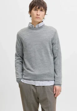 JACK & JONES Finstickad tröja i merinoull Gråmelange Outlet