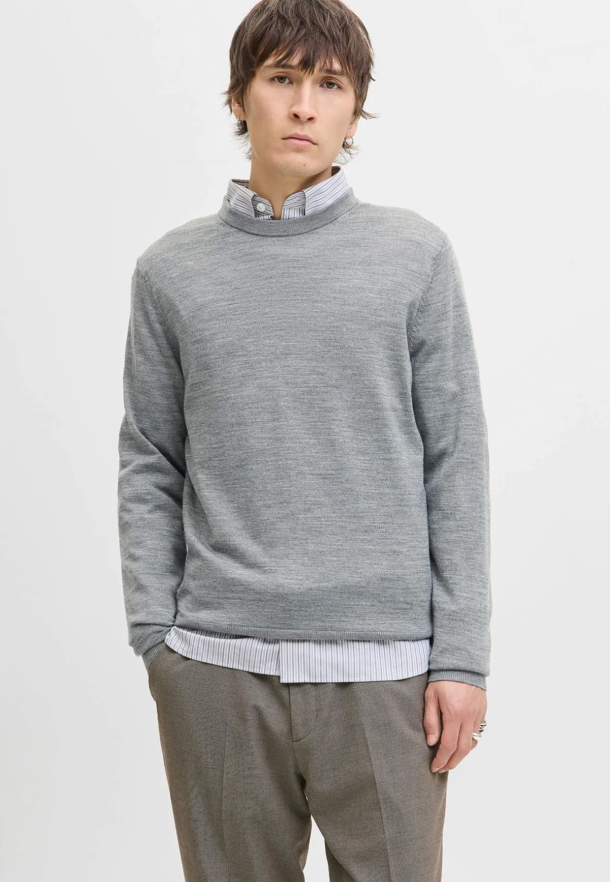 JACK & JONES Finstickad tröja i merinoull Gråmelange Outlet