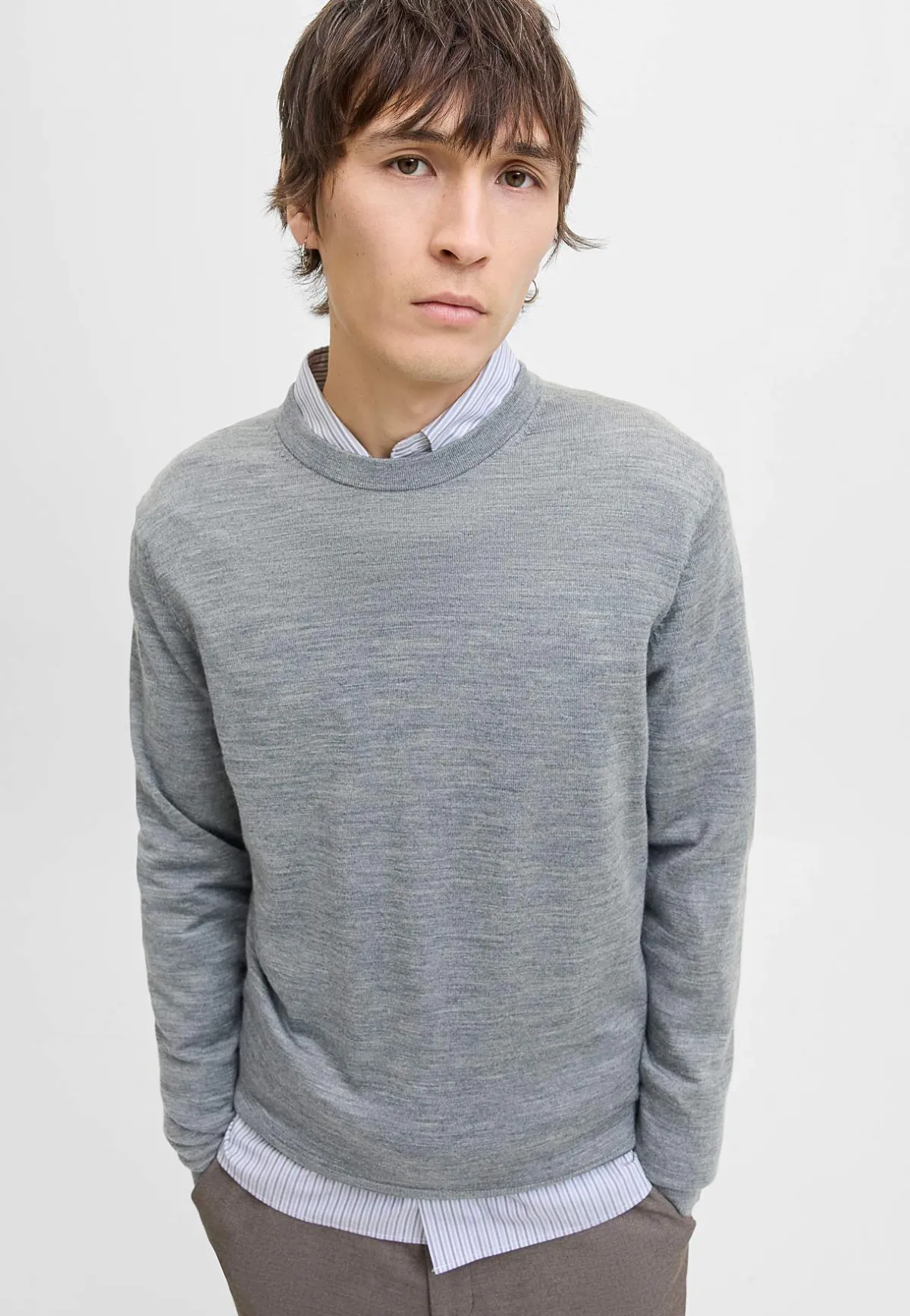 JACK & JONES Finstickad tröja i merinoull Gråmelange Outlet