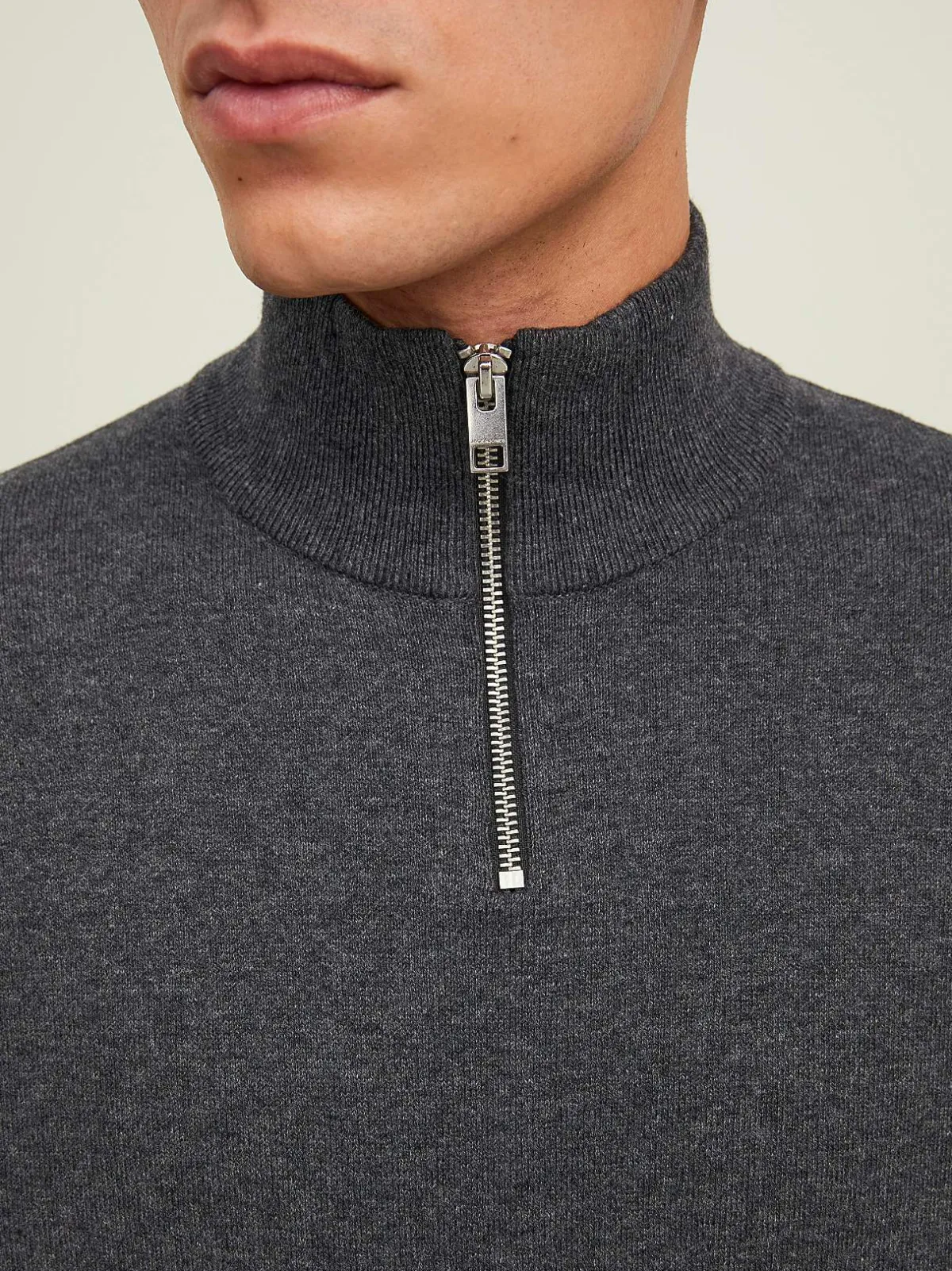 JACK & JONES Finstickad tröja med dragkedja Mörk gråmelange New