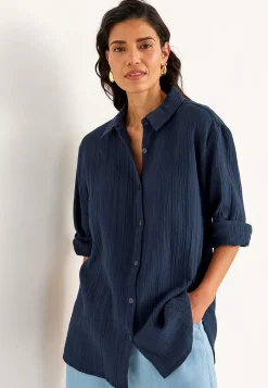 Cellbes of Sweden Långskjorta i krinklad bomull Marin Best