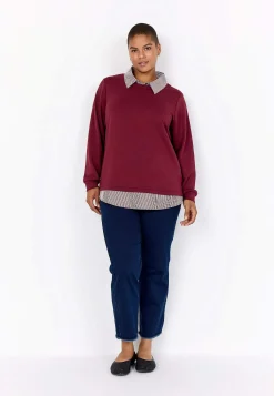 Wasabiconcept Supermjuk trikåtopp med fastsydd skjortkrage Vinröd / Randig Best